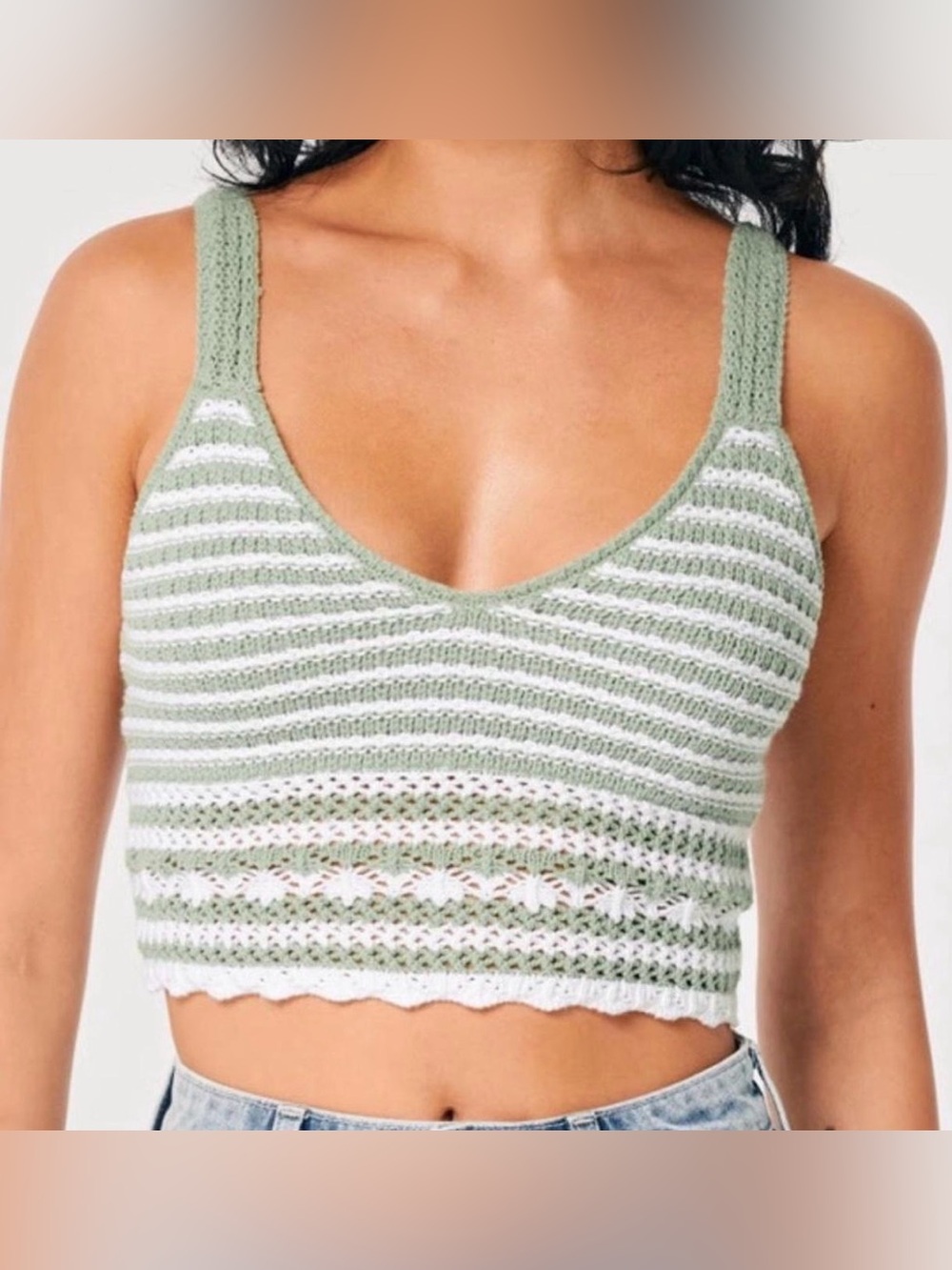 Hollister Sage Green and White Crocheted Knit Tank